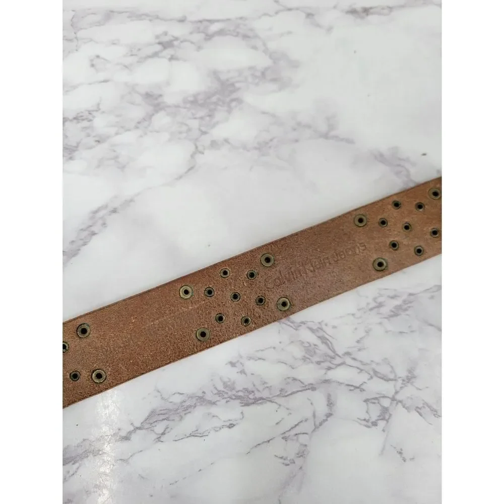 Calvin Klein Metallic Pink and Brown Leather Studded Belt with Brass Buckle